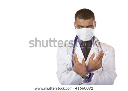 Doctor with mask holding a swine flu injection in his ands and looks into camera. Isolated on white.