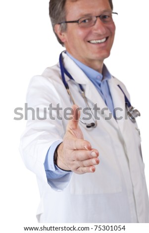 stock photo : Happy smiling doctor giving hand for handshaking.Isolated on white background.