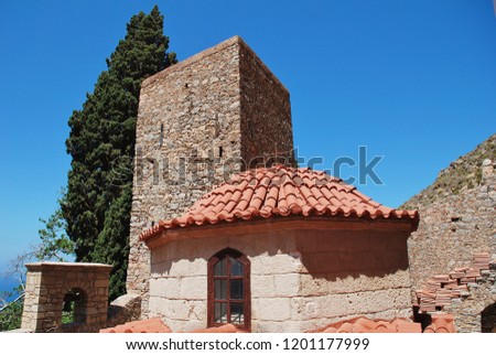 The Byzantine period monastery of Agios Panteleimon on the Greek island of Tilos. The monastery dates from circa 1470.