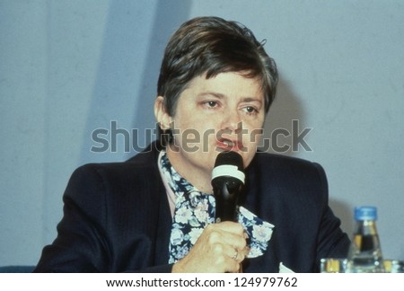 LONDON - JUNE 27: Ann Widdecombe, Parliamentary Under Secretary of State for Social Security and Conservative M.P. for Maidstone, speaks at a party conference on June 27, 1991 in London.