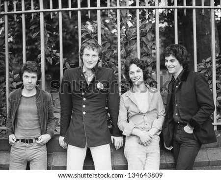 LONDON - AUGUST 20: The Boyfriends, British power pop group, pose before a live performance on August 20, 1978 in London. L-R Chris Skornia, Patrick Collier, Steve Bray, Mark Henry.