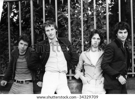 LONDON-AUGUST 20: The Boyfriends, British pop group, posing outdoors  on August 20, 1978 in London. L-R, Chris Skornia, Patrick Collier, Steve Bray, Mark Henry