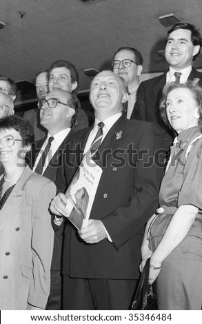 LONDON-MAY 24: Neil Kinnock (C), Labour Party Leader, poses with other Labour politicians at a policy launch on May 24, 1990 in London.