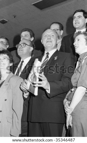 LONDON-MAY 24: Neil Kinnock (centre), Labour Party Leader, poses with other Labour politicians at a policy launch on May 24, 1990 in London.