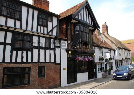 An old beamed Public House in the High Street of Hastings in East Sussex, England.