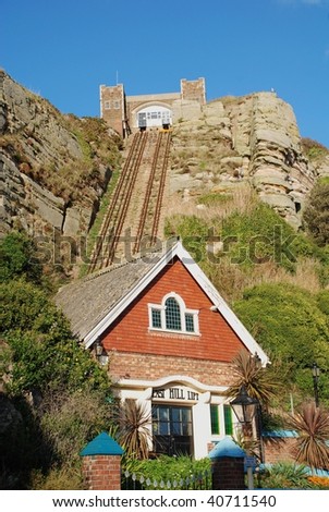 The Victorian era funicular railway lift at the East Hill cliff in Hastings in East Sussex, England.
