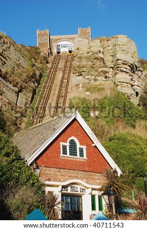 The Victorian era funicular railway lift at the East Hill cliff in Hastings in East Sussex, England.