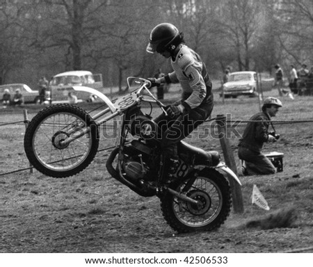 CRAWLEY, ENGLAND - APRIL 18: A competitor takes place in a motor cycle scramble race on April 18, 1976 in Crawley, Sussex.