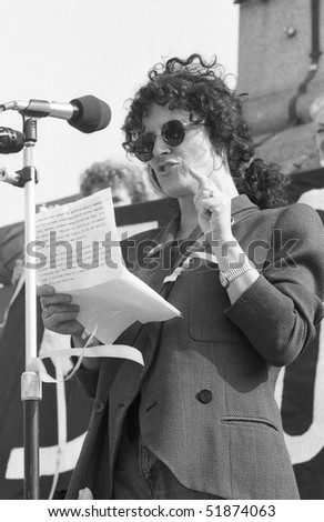 LONDON - APRIL 13: Anita Roddick, founder of the Body Shop cosmetic company, speaks at a rally in support of Beirut hostage John McCarthy on April 13, 1991 in Trafalgar Square, London.