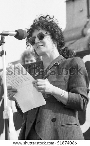 LONDON - APRIL 13: Anita Roddick, founder of the Body Shop cosmetic company, speaks at a rally in support of Beirut hostage John McCarthy on April 13, 1991 in Trafalgar Square, London.