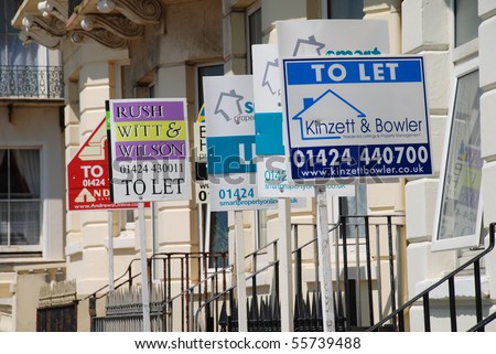 ST.LEONARDS-ON-SEA, ENGLAND - JUNE 15: Estate agent signs advertising homes for rent in Warrior Square on June 15, 2009 at St.Leonards-on-Sea, Sussex. Such signs are now banned from the seafront area.