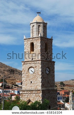 The stone clock tower at Emborio on the Greek island of Halki.