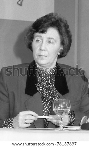 LONDON, ENGLAND - APRIL 10: Baroness Emily Blatch, Minister of State for Education and Conservative peer, attends a press conference on April 10, 1991 in London. She died in May 2005.