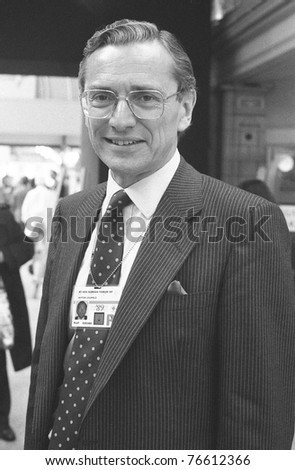 BLACKPOOL, ENGLAND - OCTOBER 10: Norman Fowler, Secretary of State for Employment, visits the Conservative party conference on October 10, 1989 in Blackpool, Lancashire.