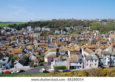 Looking across the Old Town area from the top of the East Hill at Hastings in East Sussex, England.