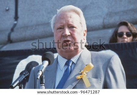 LONDON - APRIL 13: Edward Heath, former British Prime Minister, speaks at a rally in Trafalgar Square in support of Beirut hostage John McCarthy on April 13, 1991 in London, England. He died in July 2005.