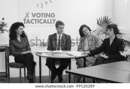 LONDON - MARCH 19: The committee of the Democratic Left party attend their manifesto launch press conference on March 19, 1992 in London. L-R Lorna Reith, Joe Marshall, Nina Temple, Helen Taylor.