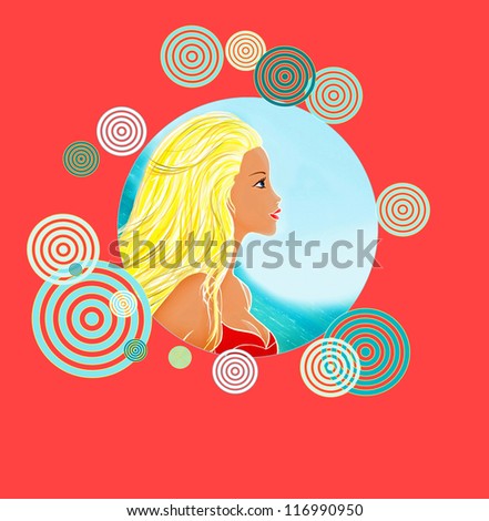 Young girl on the background of the sea side in a beautiful red decorative frame. Space for text