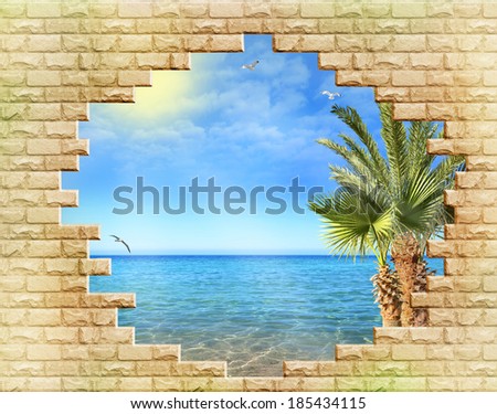 Resort seascape, view through a hole in a stone wall