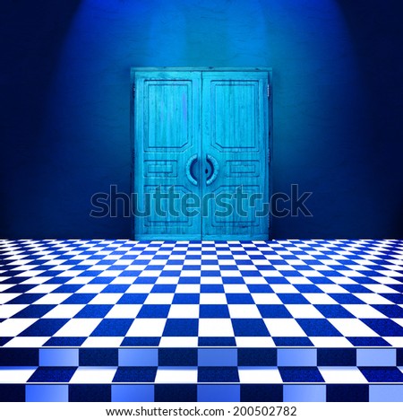 Interior with blue wooden door and checkerboard floor