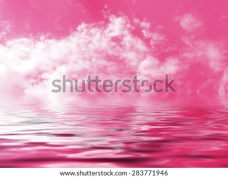 Pink sky with clouds reflected in the abstract fantasy water, gentle background of vanilla sugar wool