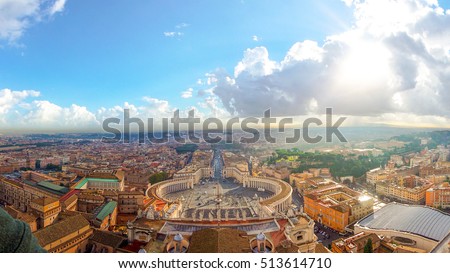 Rome, Italy with Vatican city. Famous Saint Peter\'s Square in Vatican and aerial view of the city with building and panorama ancient cityscape in the morning cloud and light.