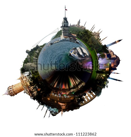 Planet Istanbul - Miniature planet of Istanbul, with all important buildings and attractions of the city, isolated on white