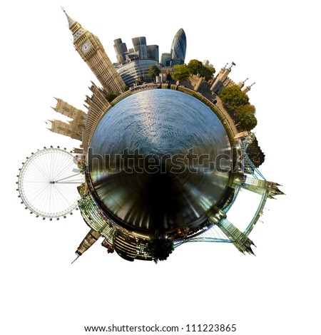 Planet London - Miniature planet of London, with all important buildings and attractions of the city, isolated on white