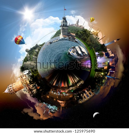 Planet Istanbul - Miniature planet of Istanbul, Turkey, with all important buildings and attractions of the city