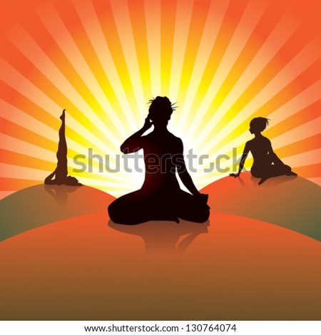 Yoga postures made by figure silhouettes sitting on hilltops with rising sun