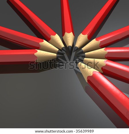 Red lead-pencils tip-to-tip in half circle with copy-space on glossy grey background