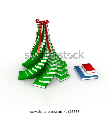 Books for Christmas - pine shaped twisted heap of books on white background