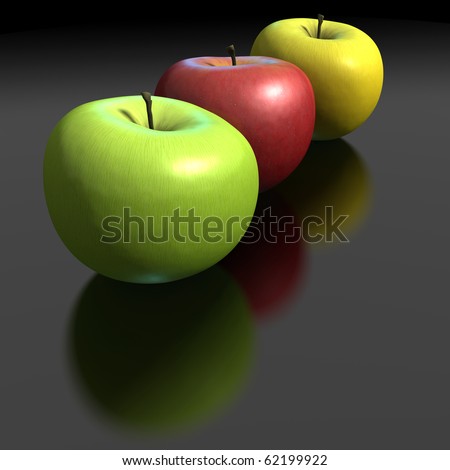 Three apples in line: green, red and yellow apples isolated on black