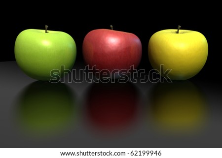 Three apples in line: green, red and yellow apples isolated on black - front view