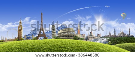 Summer travel across Europe - sunny landscape background with famous landmarks and grassy hill over clear blue sky - great for posters, cards or banners (all composition elements shot by myself)