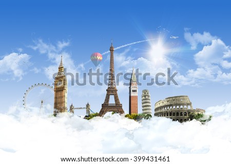 Europe Heaven - Summer travel - sunny landscape background with famous landmarks and grassy hill over clear blue sky - great for posters, cards or banners (all composition elements shot by myself)
