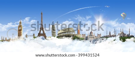 Europe Heaven - Summer travel - sunny landscape background with famous landmarks and grassy hill over clear blue sky - great for posters, cards or banners (all composition elements shot by myself)