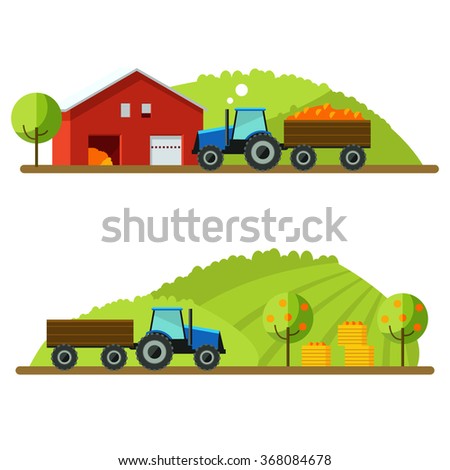 Harvest on farm. Tractor rides to picking.Fruits are in boxes. Set flat vector illustration crop field. Farm vector background. Agricultural machines.Crop in field. Crop science with tractor field.