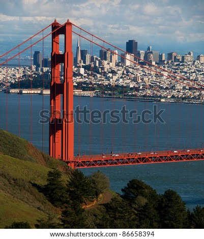 Golden Gate Bridge North Tower and San Francisco Skyline as seen from Marin Headlands