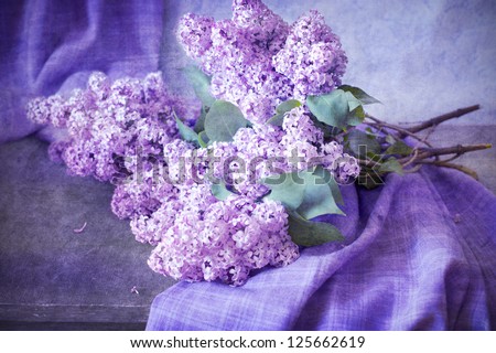 bouquet of lilacs on the table with a cloth, still life, painting