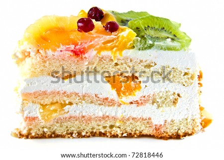 Birthday cake with cream with fruit on the white background