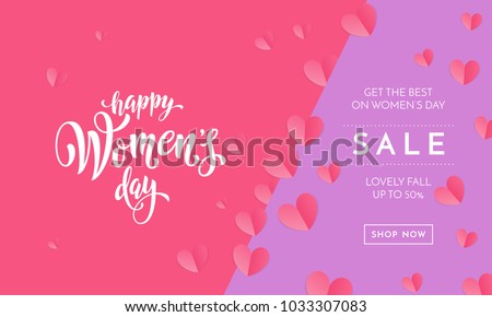 Women\'s day sale poster or banner for Mother\'s day holiday shop seasonal discount offer. Vector International Women\'s Day on 8 March design template of pink hearts pattern on purple pink background