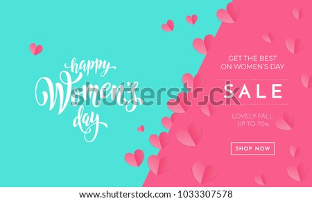 Women\'s day sale poster or banner for Mother\'s day holiday shop seasonal discount offer. Vector International Women\'s Day on 8 March design template of pink hearts pattern on green and pink background