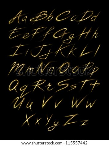 Alphabet of gold glittering stars dust trail (glittering font concept).