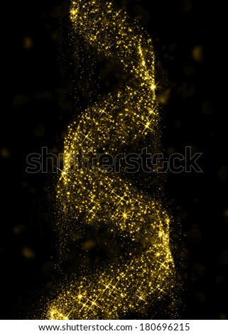 Gold glittering stars dust spiral background. Gold sparkle glitter background. Glitter stars background.