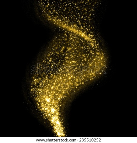 Gold glittering stars dust smoke trail. Twinkling glitter.