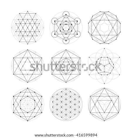 Sacred geometry symbols and signes vector illustration. Hipster tattoo. Flower of life symbol. Metatrons Cube.