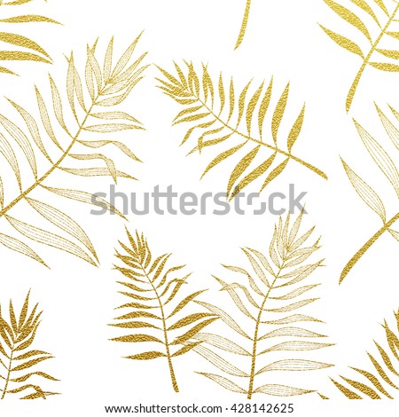 Tropical pattern, seamless palm leaves background. Gold glitter pattern with palm leaf.