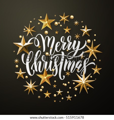 Merry Christmas Greeting Card Of Gold Glitter Stars. Vector Stars Of Golden Foil Glittering