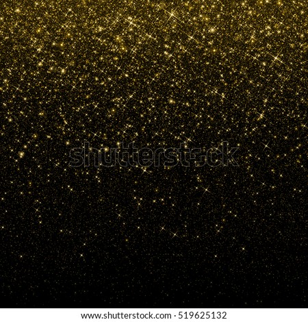 Gold glitter confetti background. Falling golden glittering snow or rain light effect for Christmas and New Year backdrop, greeting card. Sparkling golden stars and snowflakes.